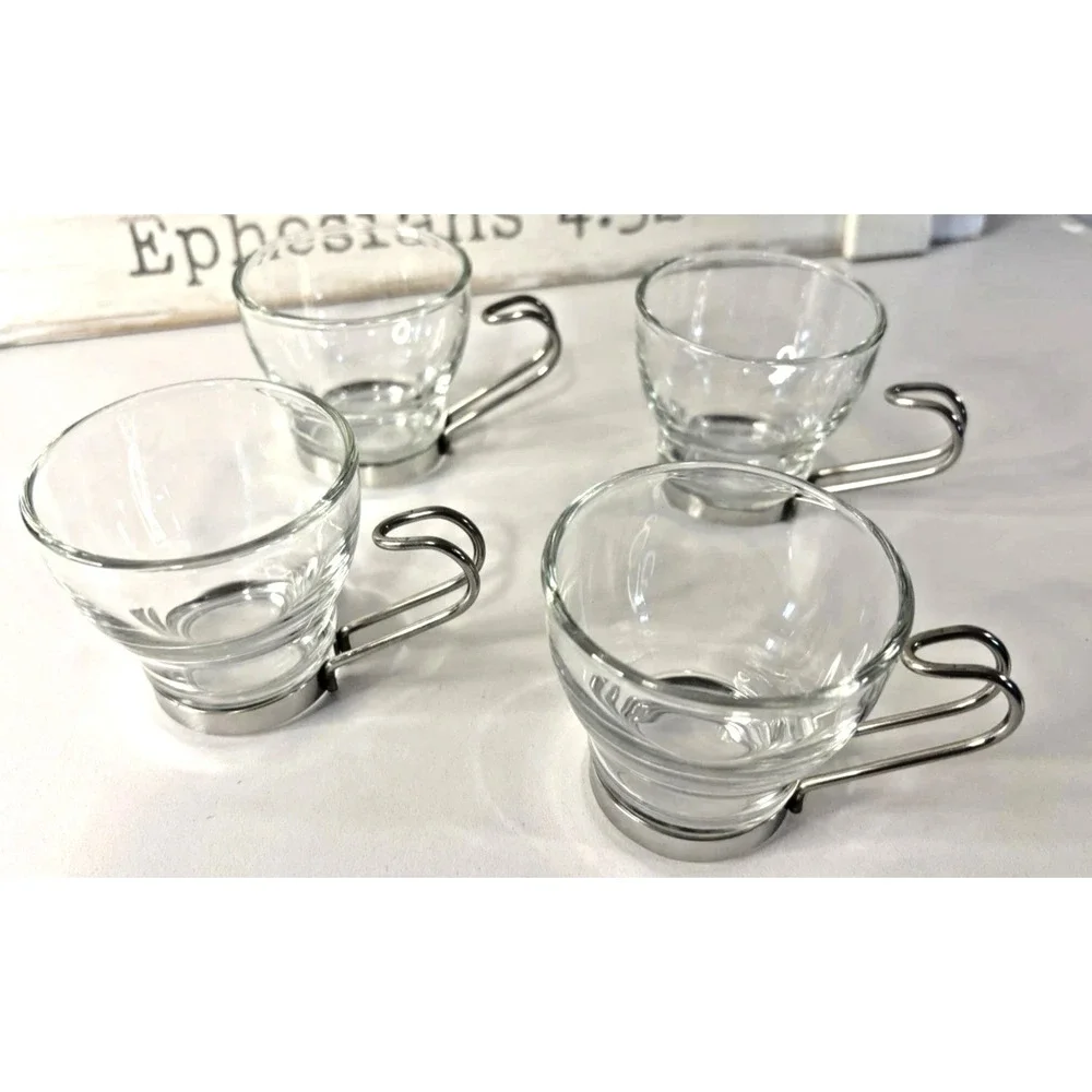 Bormioli Rocco Set 4 Glass Cappuccino Coffee Tea Cups Stainless Steel Handle